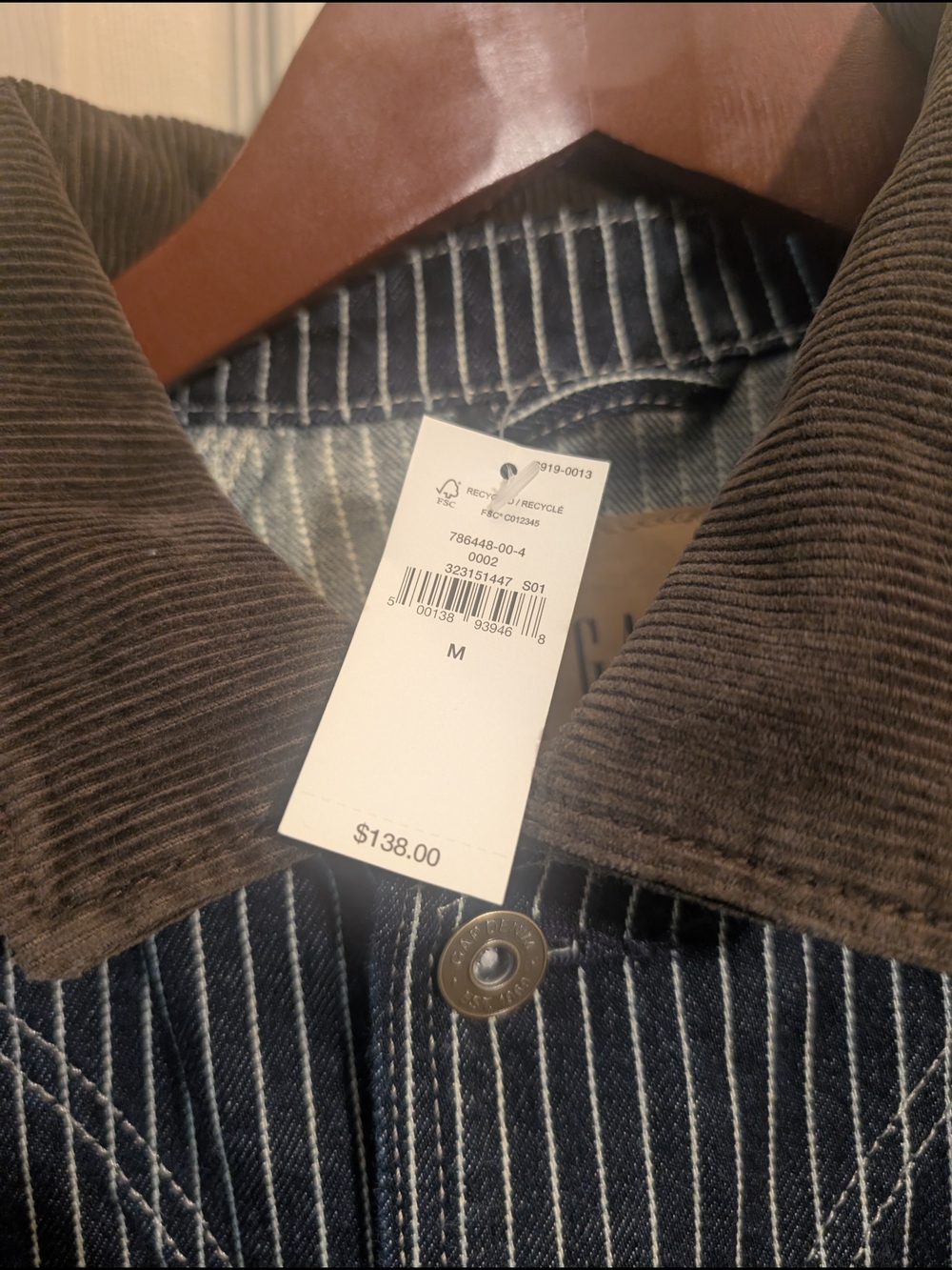 GAP Black & White Pinstripe Chore Jacket with Brown Collar - Picture 4 of 4